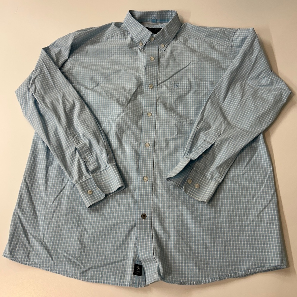 Ariat Pro Series Mens XL Blue Gingham Plaid Long Sleeve Button Down Shirt
